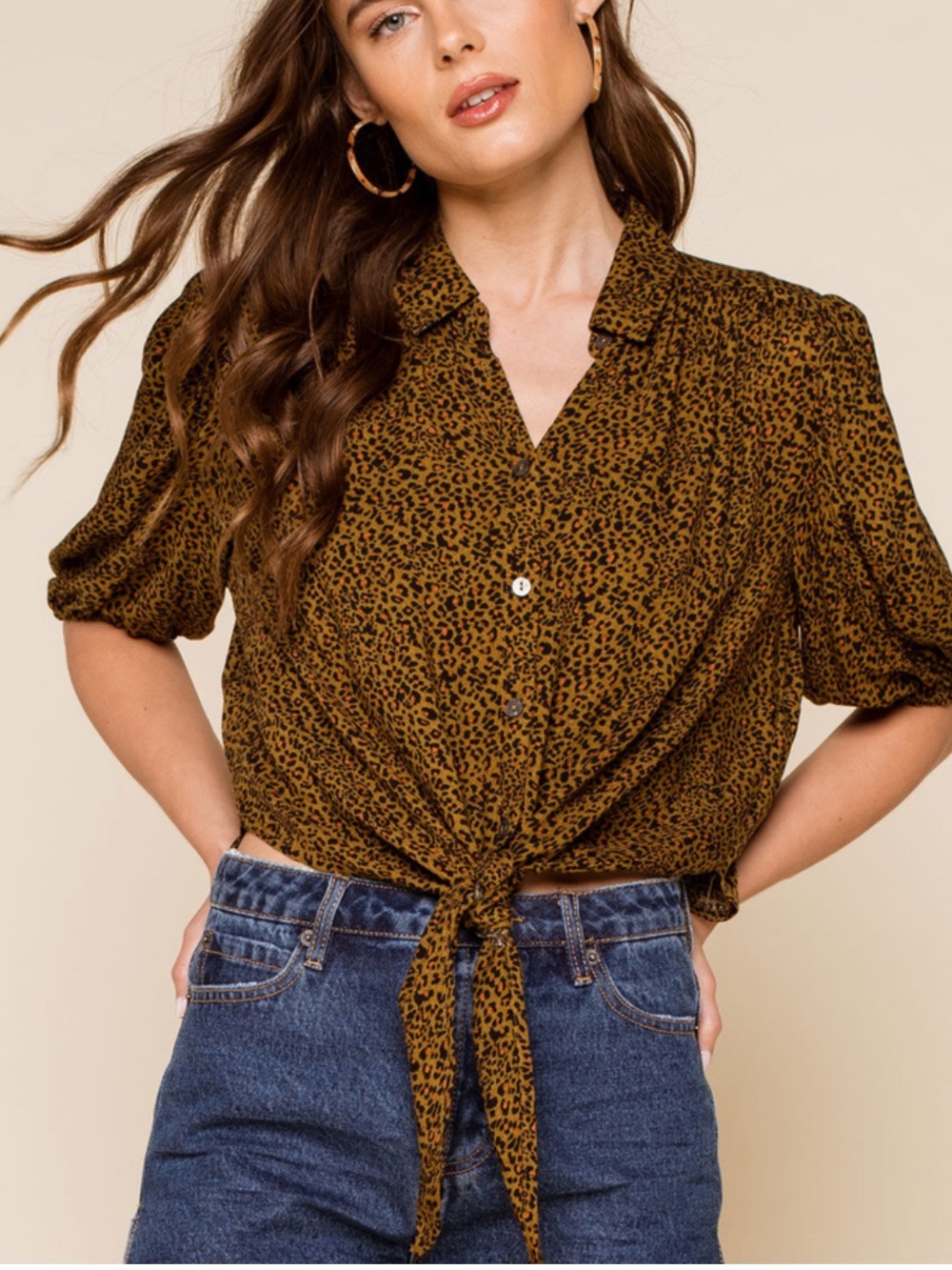 Free People Celia Leopard Printed Tie-Front Blouse